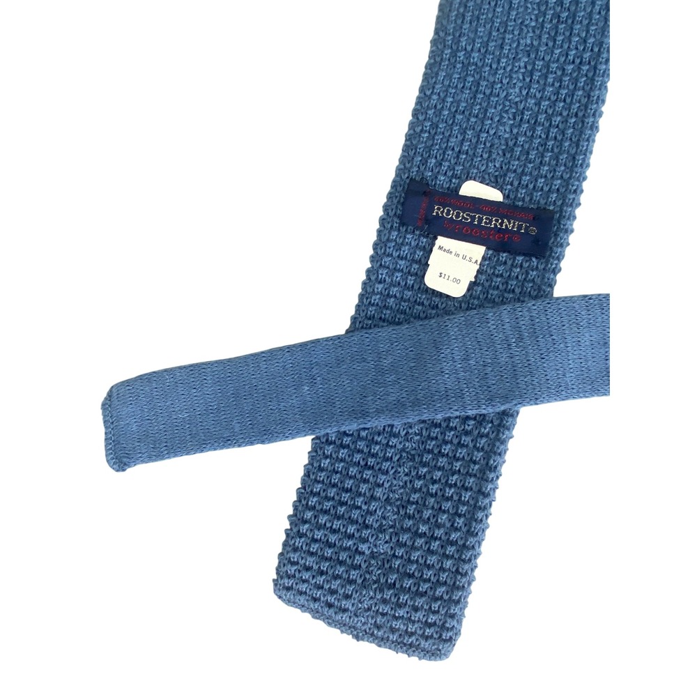 VTG Roosternit by Rooster Blue Wool Mohair Knit Tie Skinny Square End 51x2.5